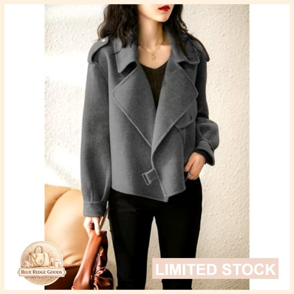Cropped Wool Blazer Jacket Open Front Loose Fit Casual Dressy Trench Coat - Picture 2 of 6
